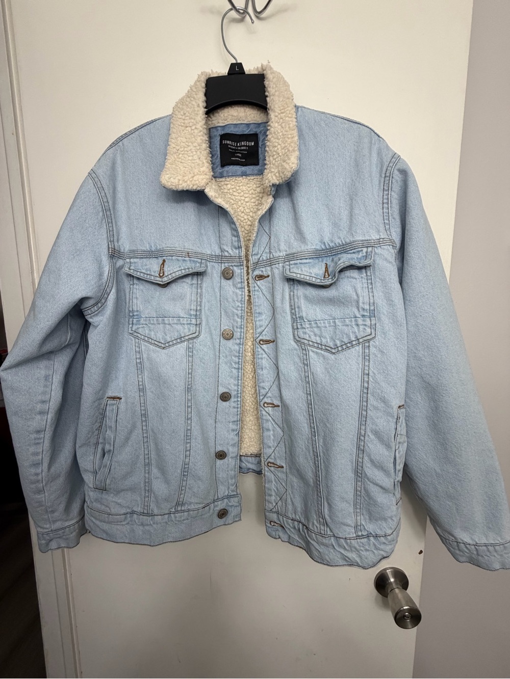 Men's Light Blue Sherpa-Lined Denim Jacket with Cream Collar